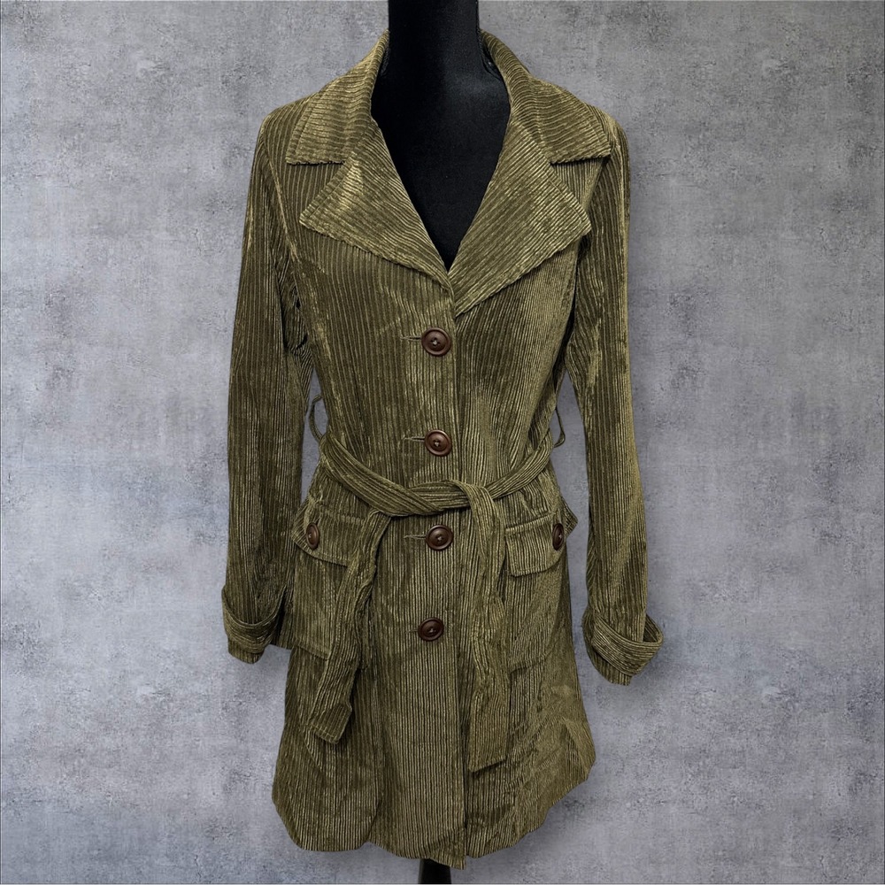 Margaret O'Leary Corduroy Trench Coat Womens L Olive Green Belted Paisley Lining